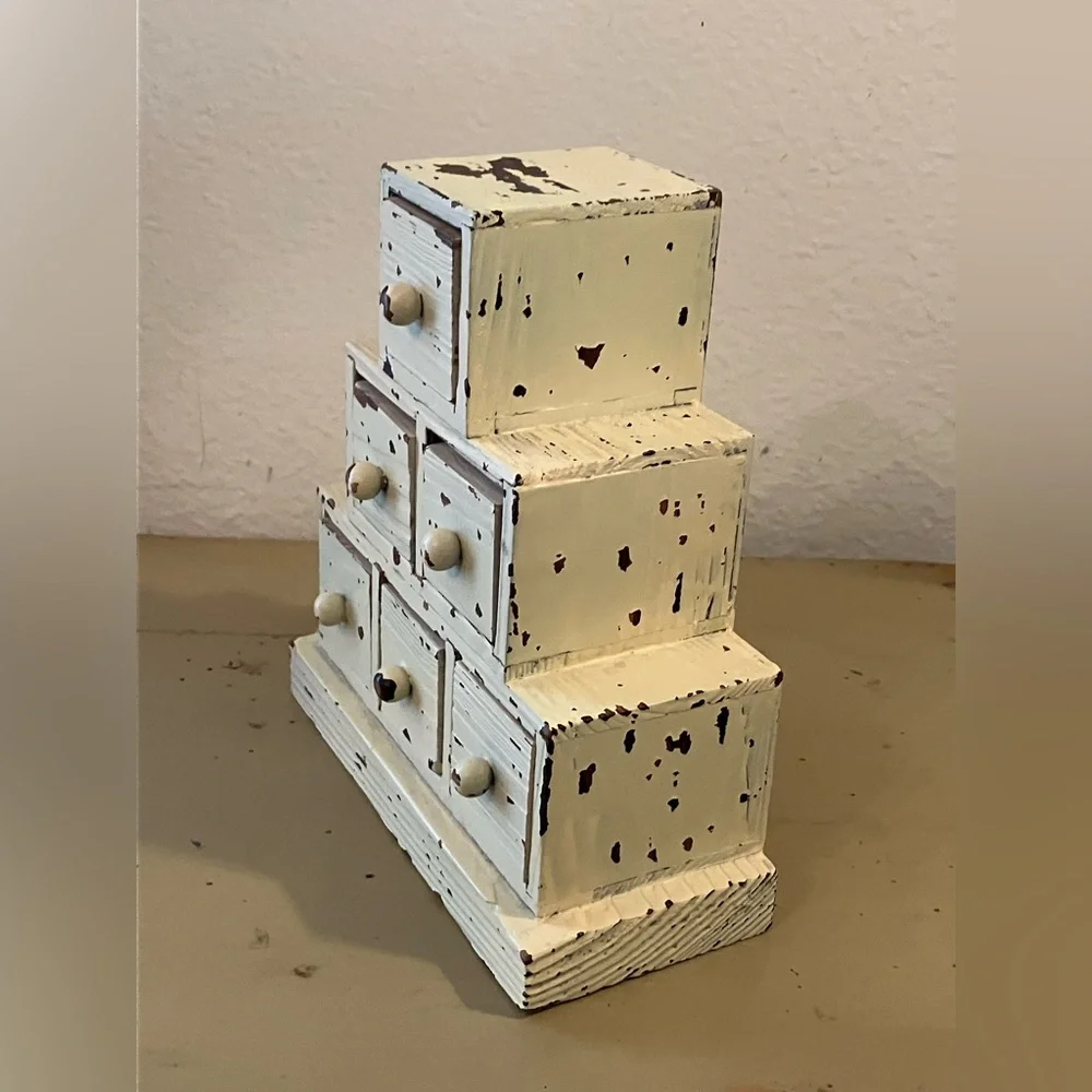 Rustic Chippy Cream Paint Folk Art Wood Distressed Storage Stacked Cube Box - Picture 3 of 13